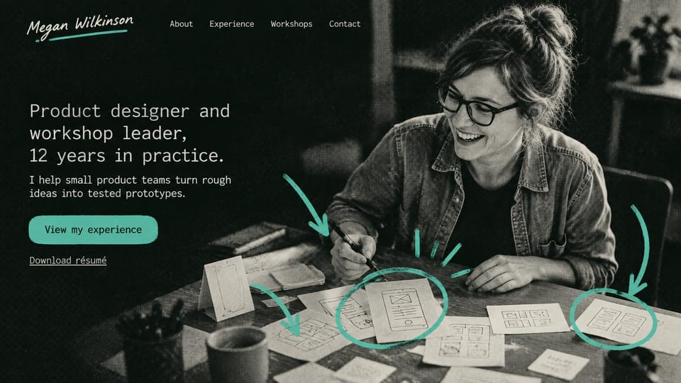 Resume website design, product designer with mint sketch marks on a photo: black and white photo of a woman in glasses sketching wireframes, mint hand-drawn circles and arrows, white monospace text and a mint experience button