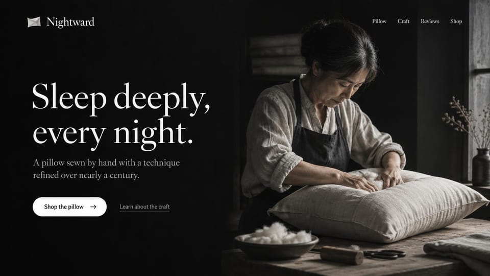 Landing page website design, craft product in moody black and white: black and white photo of a woman hand-sewing a pillow, large white serif headline, white shop button
