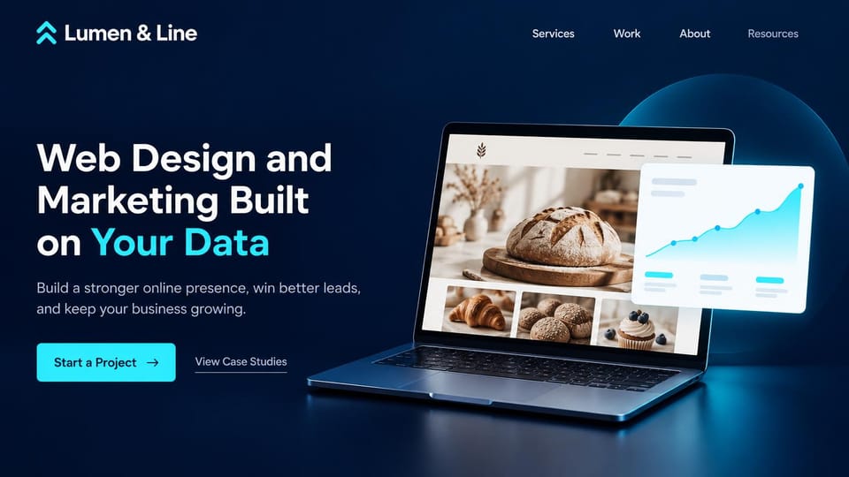 Business website design, web design and marketing built on data: deep blue page, a white headline with yellow words, a cyan button and a laptop showing a bakery site and a chart