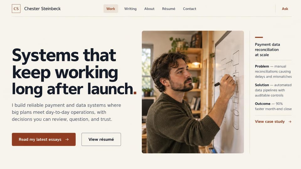 Developer portfolio website design, payments engineer with a case study beside the photo: warm cream page, a heavy black headline with a rust dot, a rust essays button, an outlined résumé button, a bearded man drawing a flowchart on a whiteboard and a short case study column