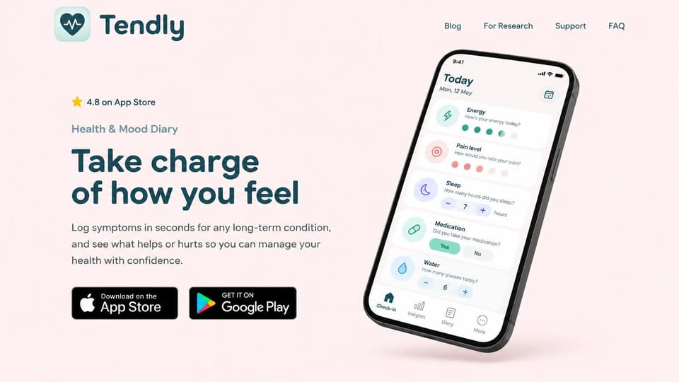 Mobile app website design, health diary in soft pink: pale pink page, dark teal headline, store badges and a tilted phone with daily check-ins