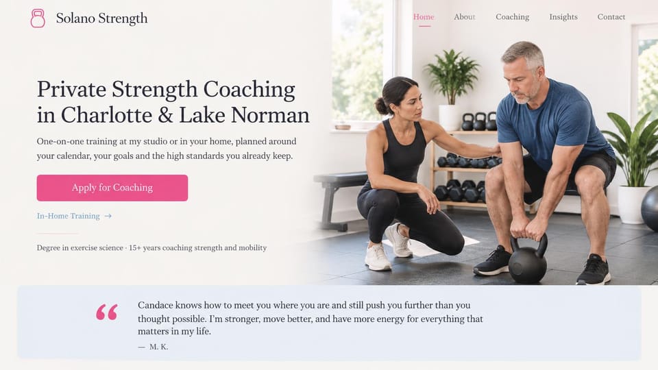 Personal trainer website design, studio and in-home strength coaching with a client quote: cream page, a dark serif headline, a pink apply button and an in-home training link, a trainer guiding an older man's kettlebell deadlift in a bright studio, a pale blue testimonial band