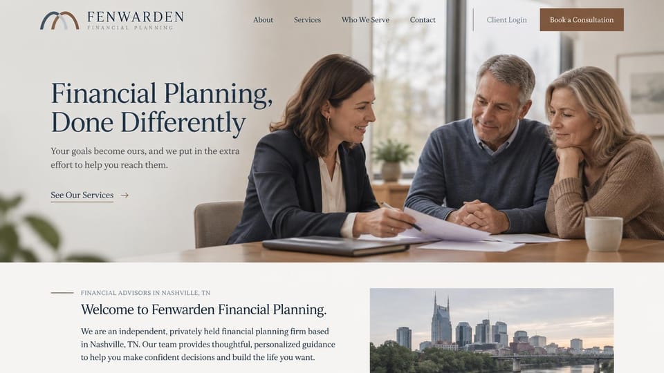 Financial advisor website design, local planning firm with a city welcome section: cool cream page, a woman advisor with a couple, navy serif headline, text link and brown header button, with a skyline welcome section below