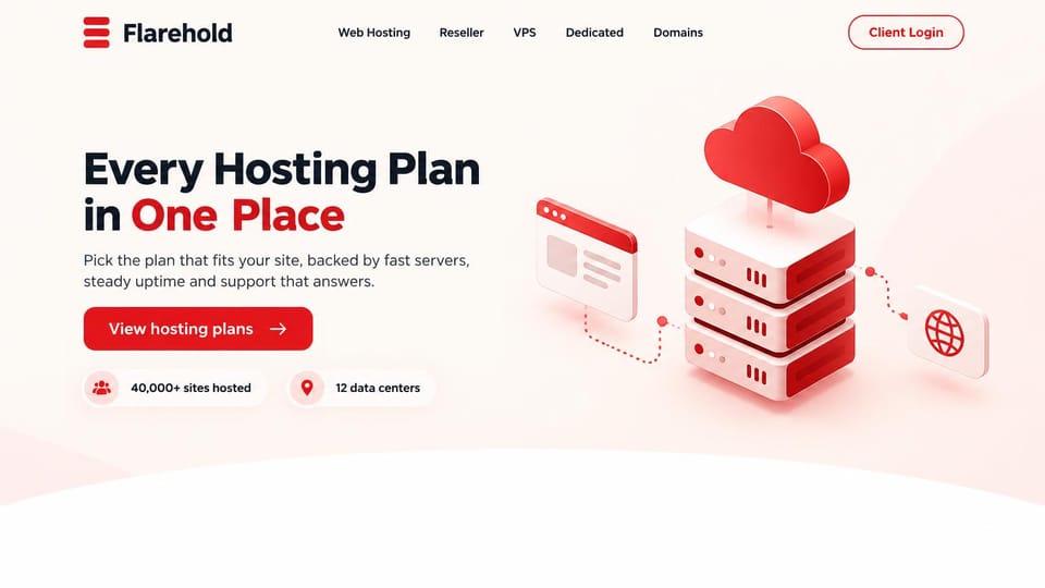 Web hosting website design, every plan in one place, in white and red: white page with a soft red glow, bold black and red headline, a red plans button, a 3D illustration of red servers and a cloud