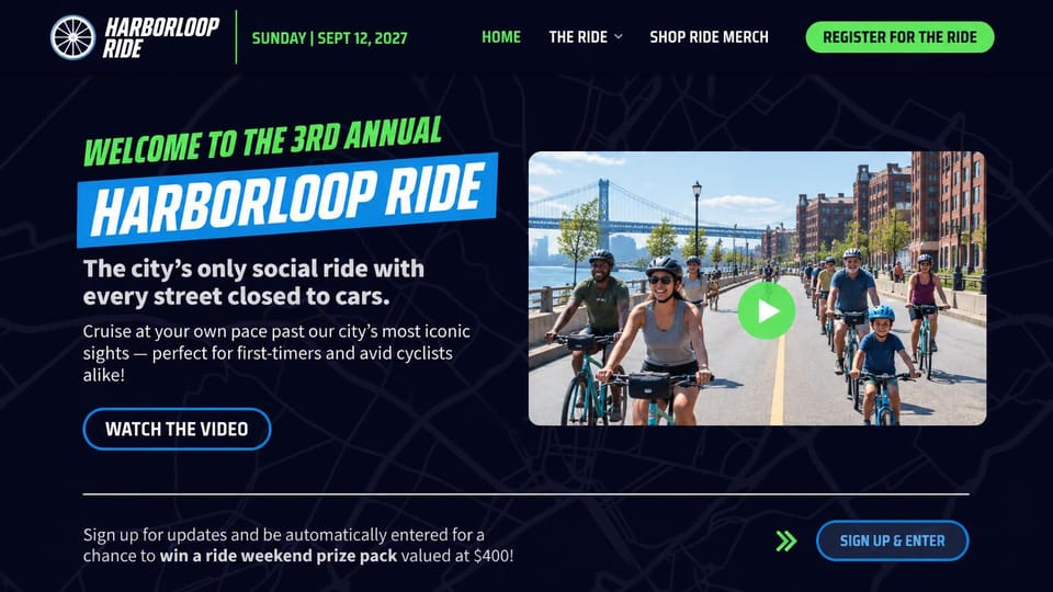 Event website design, car-free city bike ride with a video: dark navy page with faint map lines, slanted green italic line over a white name on a blue band, green register button, video frame of families cycling on a waterfront road