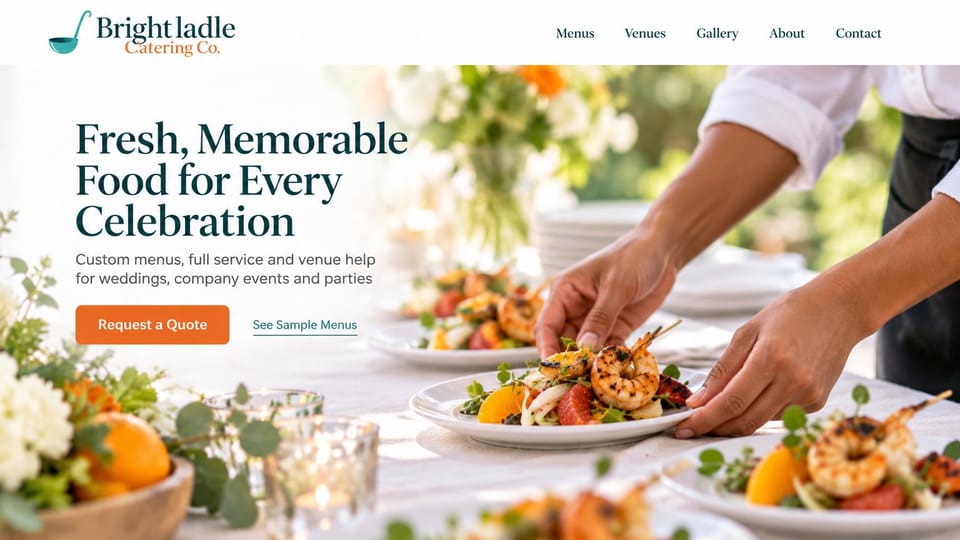 Catering website design, sunny full-service catering in teal and orange: white header with a teal ladle logo, a deep teal serif headline, an orange quote button and a sunny photo of hands plating grilled shrimp