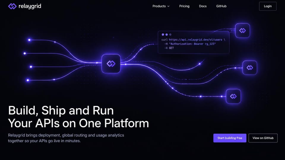 SaaS website design, aPI platform with glowing lines: black page, glowing purple lines meeting at nodes, a code snippet and a large white headline