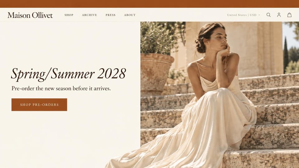 Fashion website design, designer label taking pre-orders for next season: terracotta top strip, a cream left panel with an italic serif headline and a rust button, a woman in a cream silk slip gown seated on sunlit stone steps by a terracotta pot