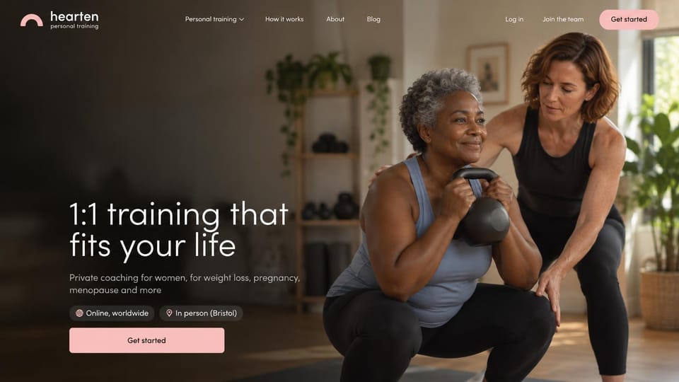 Personal trainer website design, private coaching for women, online or in person, in soft pink: warm dark living room photo of a coach guiding an older woman's kettlebell squat, a large thin white headline, online and in person pills, a soft pink get started button