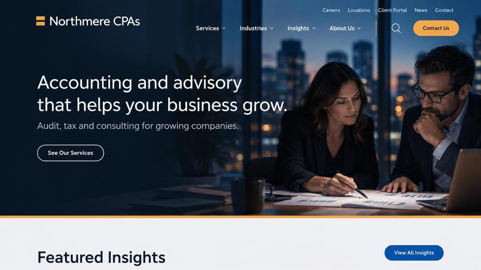 Accounting website design, audit and advisory firm at night: dark navy photo of two accountants reviewing charts by a night city window, a white headline, an orange contact button