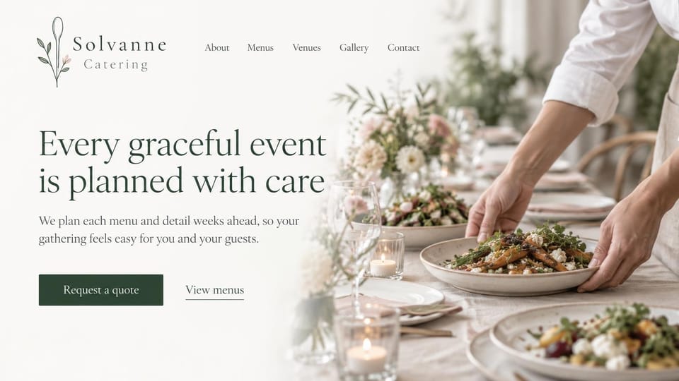 Catering website design, careful-planning caterer with a hand-drawn sprig logo: soft ivory page with a botanical line-art logo, a dark green serif headline, a forest green quote button beside an underlined menus link, and a faded photo of hands setting salads on a long table with blush flowers and candles