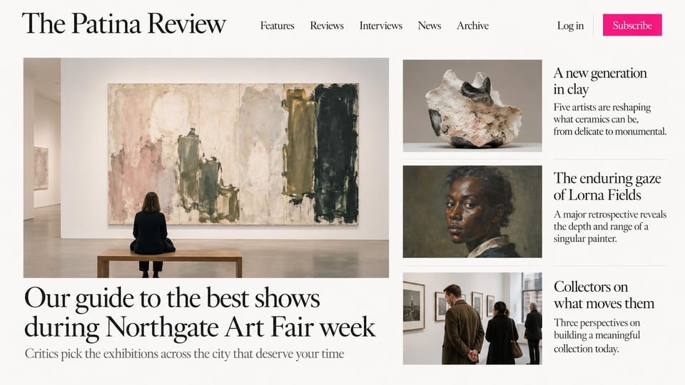 News and magazine website design, art magazine with a gallery photo lead: warm white page, black serif type, a pink subscribe button, a woman on a bench before a large abstract painting, a ceramic sculpture, a painted portrait and collectors in a gallery