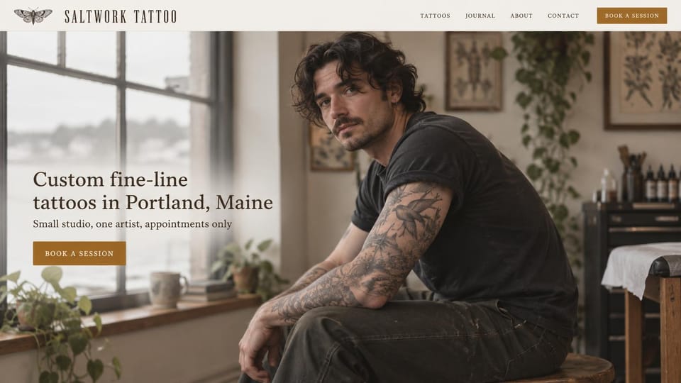 Tattoo website design, solo fine-line artist in a bright studio: cream header, a tattooed man seated by a bright window among plants and framed flash, a dark serif headline, a gold button