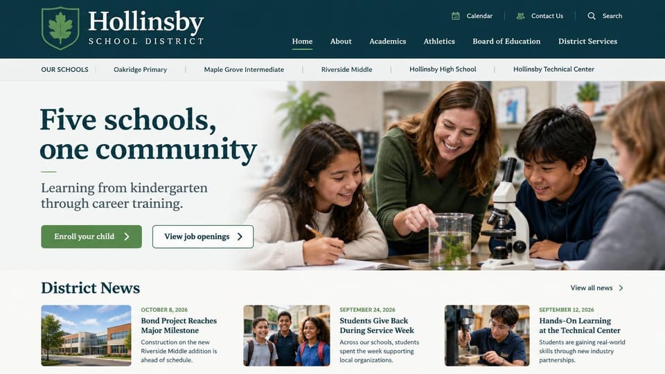 School website design, school district with a bar of school names and news: dark teal header with a leaf shield, a bar of school names, a teal serif headline, a microscope lesson photo and three news cards