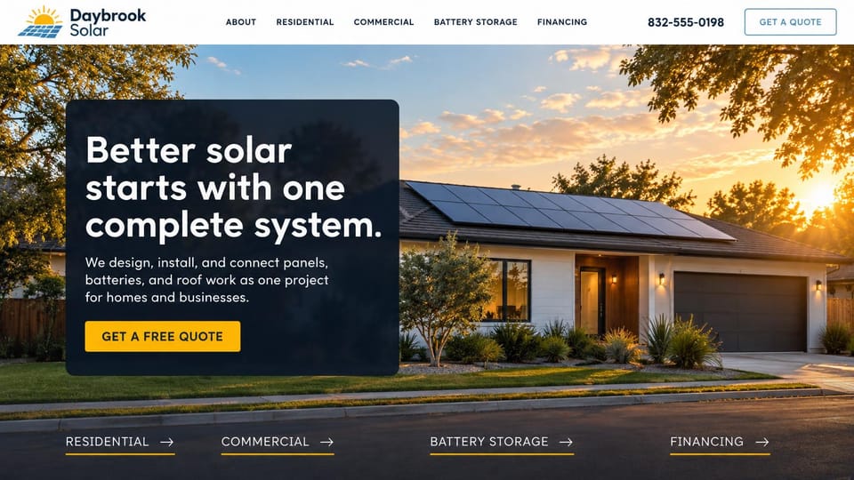 Solar website design, complete home energy systems in a dark panel: white menu, a dark translucent text panel with a yellow button over a modern home with panels at sunset, service links along the bottom