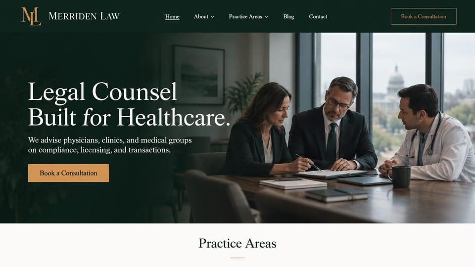 Law firm website design, healthcare law with a doctor at the table: deep green and gold, lawyers meeting with a doctor beside a serif headline