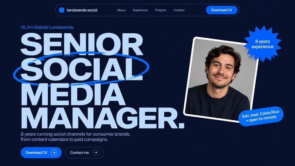 Resume website design, social media manager with one word circled in giant capitals: dark navy page, giant pale blue capitals with a hand-drawn blue circle, blue download CV buttons and a tilted portrait of a smiling man with a blue starburst badge and a location sticker