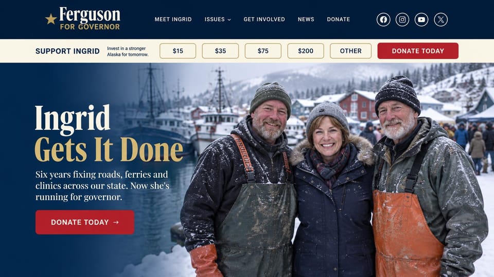Political campaign website design, governor's race with quick donation amounts: navy header with circle social icons, a cream strip of amount buttons, a gold and cream serif headline, three people at a snowy harbor