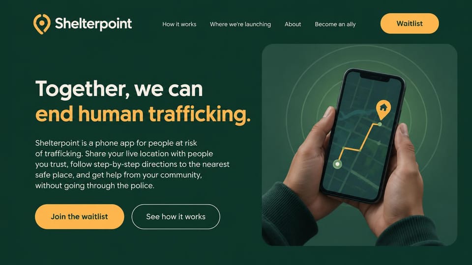 Coming soon website design, social impact app waitlist in deep green: deep green page, cream and amber headline, an amber waitlist button and an outlined button, hands holding a phone with a route to a safe place on a map