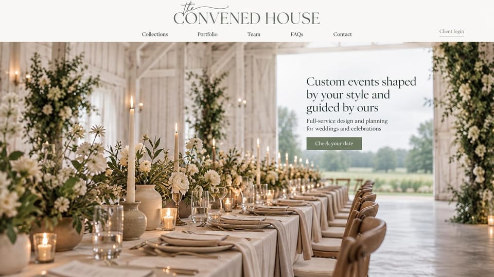 Event planner website design, event design studio with a sunlit barn: white barn with a long table, candles and greenery, open doors to fields, gray serif headline, sage date button