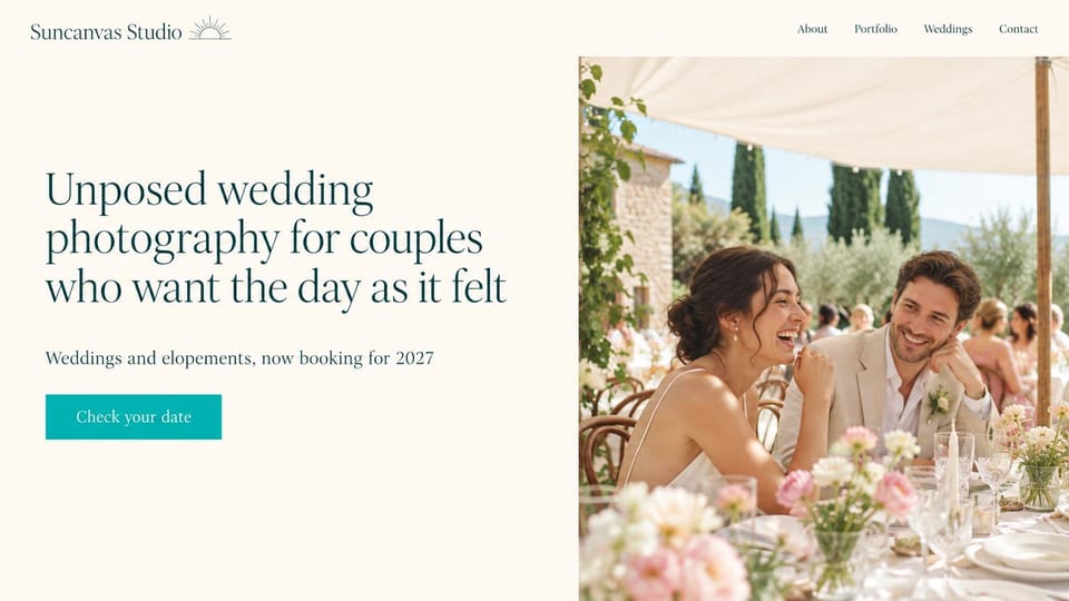 Wedding photographer website design, unposed wedding photographer with a sunny garden reception: warm cream page, a sunburst logo, a large dark teal serif headline, a teal date button and a sunny outdoor reception photo of a laughing couple under a canopy with cypress trees