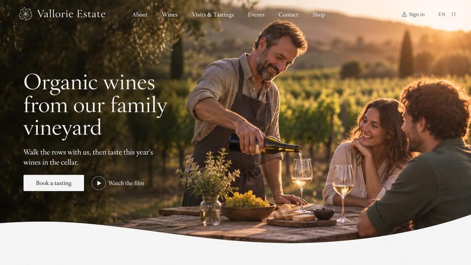 Winery and brewery website design, organic vineyard with a film to watch: golden-hour photo of a man pouring white wine for a couple at a vineyard table, a white serif headline at left, a white button and a play link, a curved white edge