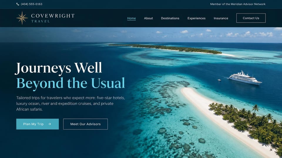 Travel agency website design, luxury cruise and resort advisor with an aerial ocean: dark navy header with a gold star logo, aerial photo of turquoise reefs, a white sand island and a large yacht, white and light blue serif headline at the left, teal and outlined buttons