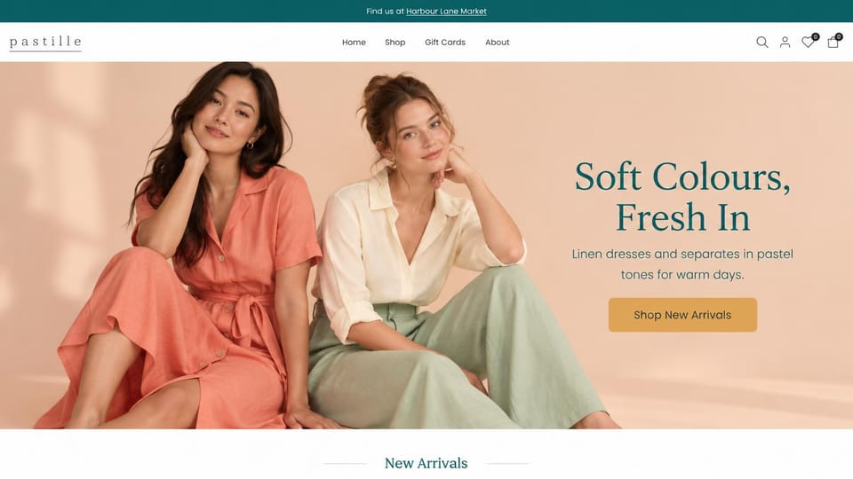 Fashion website design, pastel linen on a peach studio backdrop: teal top bar, a thin spaced lowercase logo, two women in a coral shirt dress and sage linen trousers seated against a peach backdrop, a teal serif headline and a gold button