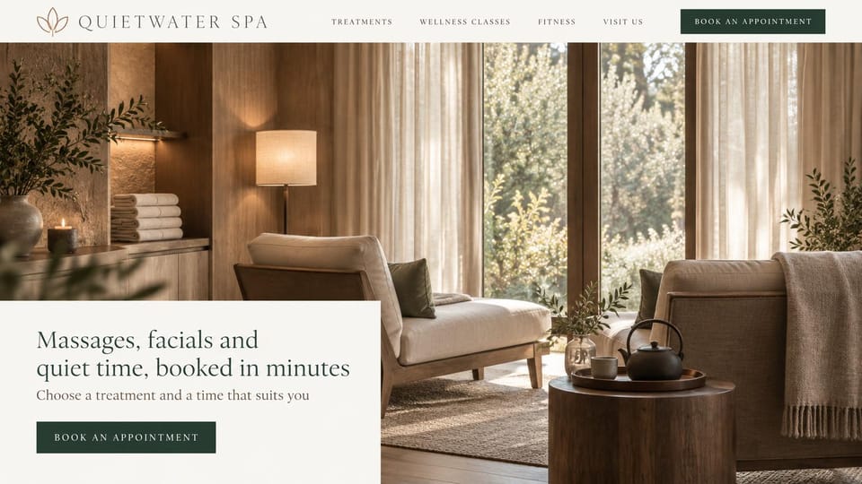 Salon website design, day spa with a calm lounge photo: cream and deep green, a sunlit spa lounge with a teapot and armchairs, a white text panel at bottom left