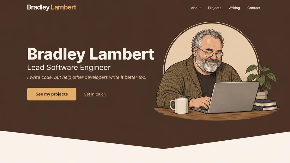 Personal website design, illustrated self-portrait in warm brown: dark brown hero with an illustrated bearded man at a laptop, a cream headline and a gold button