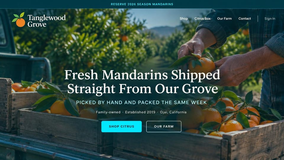 Farm website design, citrus grove that ships fresh fruit: teal top banner, hands picking mandarins into wooden crates in a green grove, centered white serif headline, bright cyan shop button
