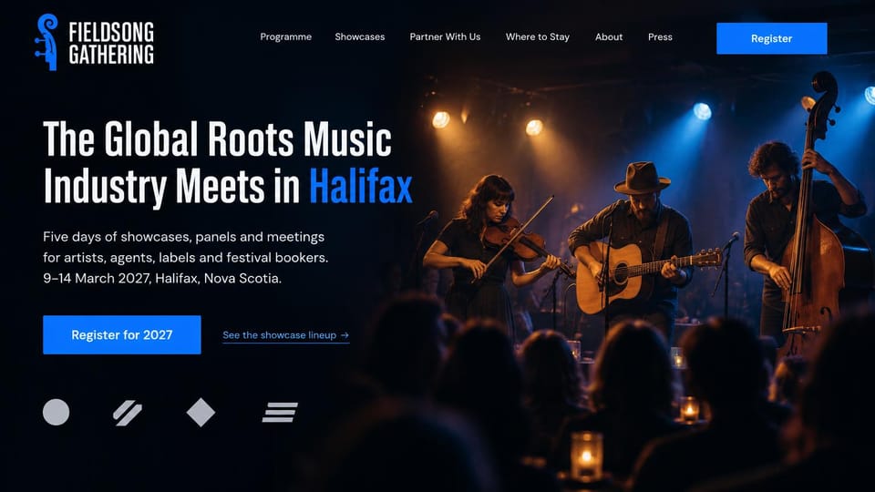 Event website design, roots music industry gathering with a live showcase stage: dark photo of a fiddle, guitar and upright bass trio on a candlelit stage, white condensed headline with the city in blue, blue register button, four gray partner symbols