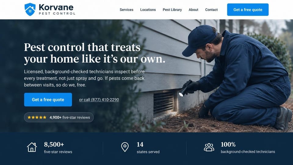 Pest control website design, inspection-first pest control in navy: photo of a technician in navy coveralls with a flashlight at a crawlspace vent, a white serif headline, a blue quote button and a dark navy stats strip