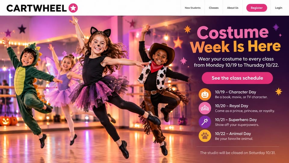 Dance studio website design, kids studio with a seasonal event panel: white header, a photo of children in animal and cowboy costumes leaping, a dark purple panel with a pink and orange headline, a day by day list and a pink button