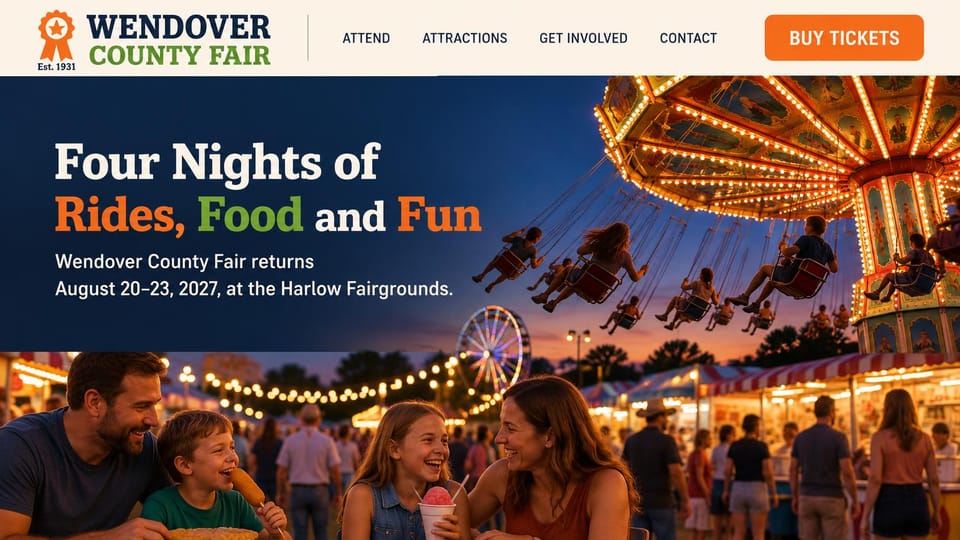 Event website design, county fair with swing rides and fair food: cream header with a ribbon logo and an orange ticket button, navy panel with a white, orange and green headline, dusk photos of a swing ride and a family laughing over a corn dog and a snow cone
