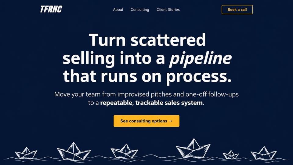 Coaching website design, sales consulting with a hand-drawn touch: navy page, a large centered white sans headline, a yellow button and chalk-drawn paper boats below