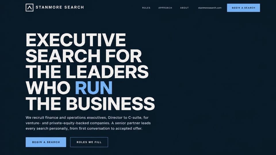 Recruiting website design, executive search with a type-only headline: dark navy page with no photo, a huge white capitals headline with one word in light blue, a light blue and an outlined button