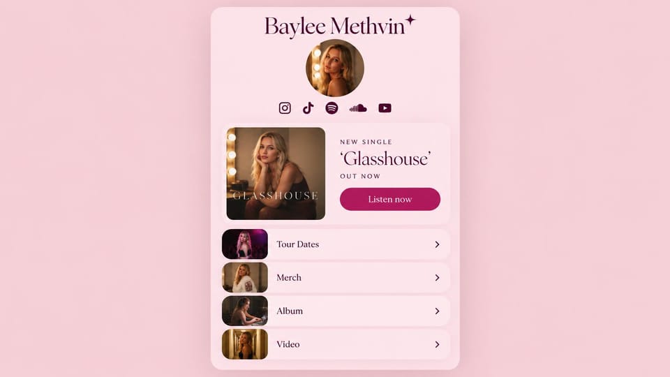Musician website design, singer link page in blush pink: blush pink page, a rounded card with a serif name, a round portrait and photo link rows