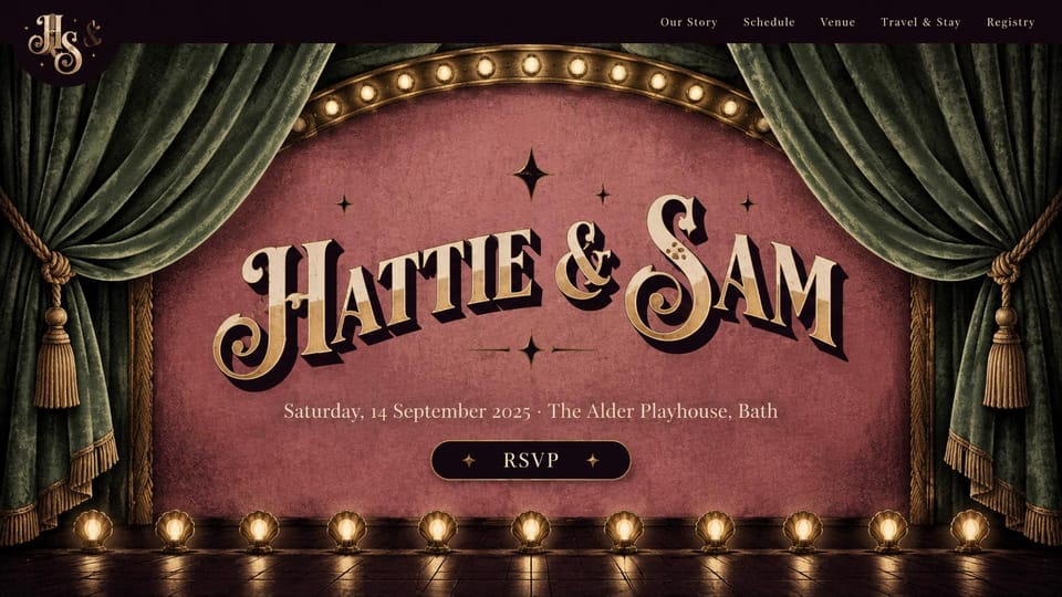 Wedding website design, theater wedding with stage lights: burgundy stage with green velvet curtains, marquee lights and gold vintage lettering, RSVP centered