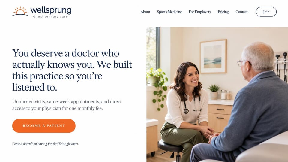 Medical practice website design, direct primary care, warm and personal: white page, a navy serif headline and orange button beside a doctor talking with an older patient
