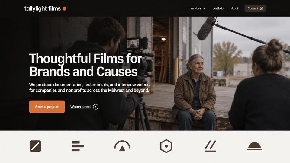 Videographer website design, documentary and interview films for brands and causes: black header, a dark photo of a crew filming an older woman on a loading dock with a boom mic, a large white headline, an orange project button and an underlined reel link, a cream strip of six dark icons