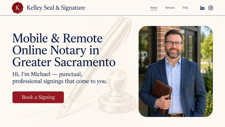 Notary website design, mobile and online notary with a sketched pen and stamp: ivory page, a large navy serif headline over a faint pen and stamp sketch, a red booking button, a red wax-seal logo, a smiling man in a blazer holding a leather folio in a rounded photo
