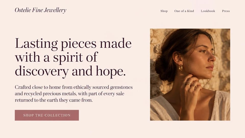 Jewelry website design, ethically made fine jewelry with a big serif promise: pale blush page, dark plum italic wordmark and large serif headline, dusty rose shop button, a woman in profile wearing gold hoops and stacked rings against a sunlit stone wall