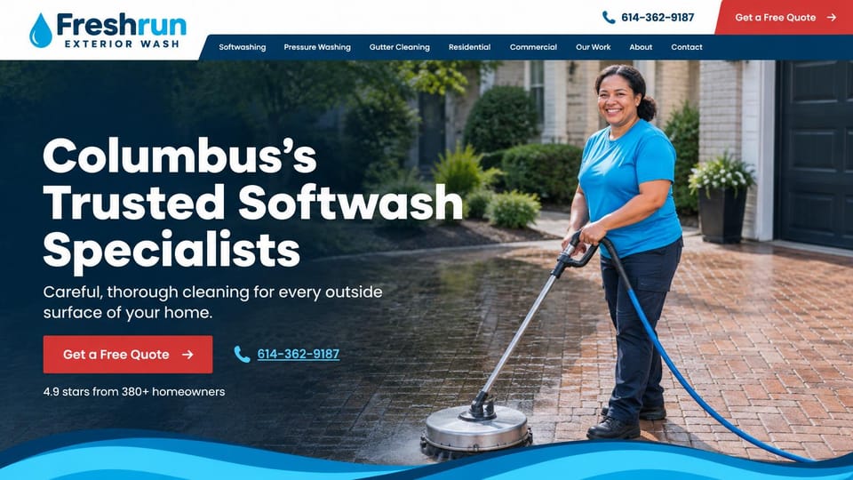 Landing page website design, soft washing with a friendly face up front: white and navy header, a smiling woman in a bright blue shirt cleaning a brick driveway under a dark blue overlay, a large white headline, a red quote button, a blue wave along the bottom