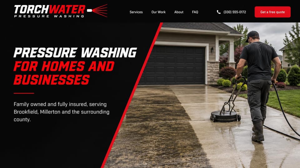 Pressure washing website design, family-owned pressure washing in black and red: black page with a slanted red stripe, a white and red italic headline, a worker pushing a surface cleaner across a half-cleaned driveway in front of a gray garage