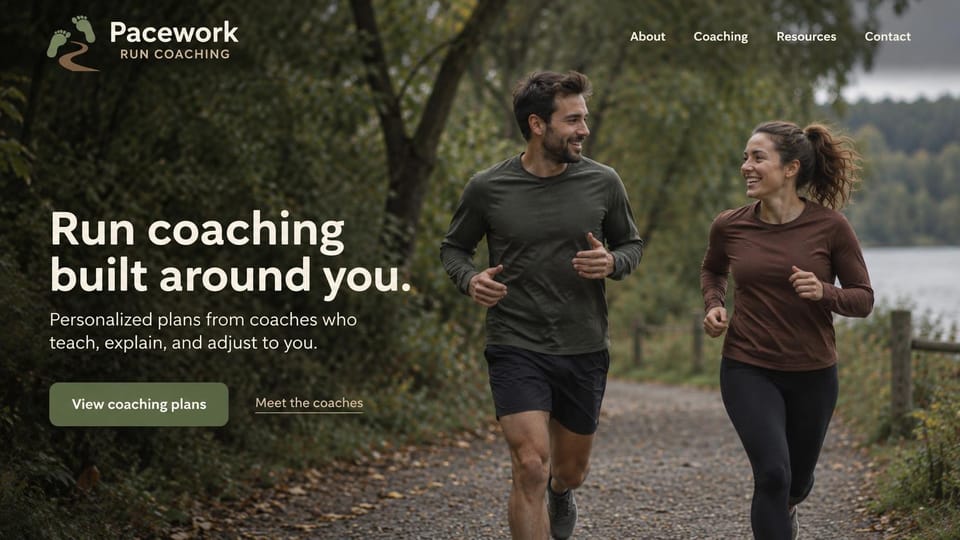 Personal trainer website design, run coaching on a leafy lakeside trail: full-width photo of a man and a woman running on a leafy trail by a lake, a large cream headline, a sage coaching plans button and a meet the coaches link