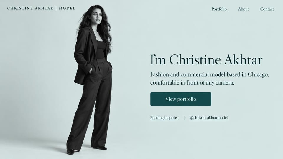 Model portfolio website design, fashion model with a full-length portrait on pale blue: pale blue-gray page, a full-length photo of a woman with long dark hair in a black suit, a large dark serif greeting, a dark teal portfolio button and underlined booking links
