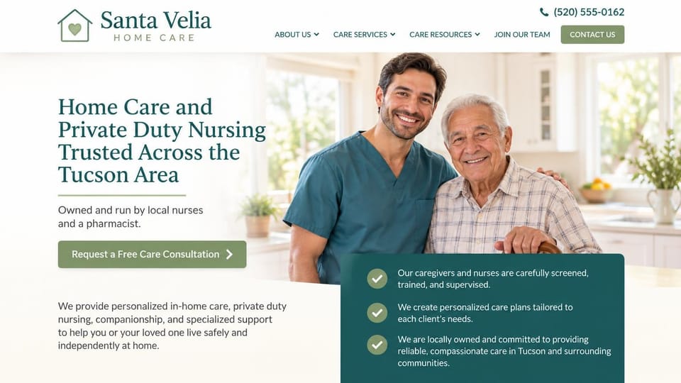 Home care website design, private duty nursing run by local nurses and a pharmacist: white header with a heart-in-house logo and a sage contact button, a large dark teal serif headline over a bright kitchen photo of a smiling caregiver in teal scrubs with his arm around an older man, a sage consultation button and a deep teal panel with three check marks