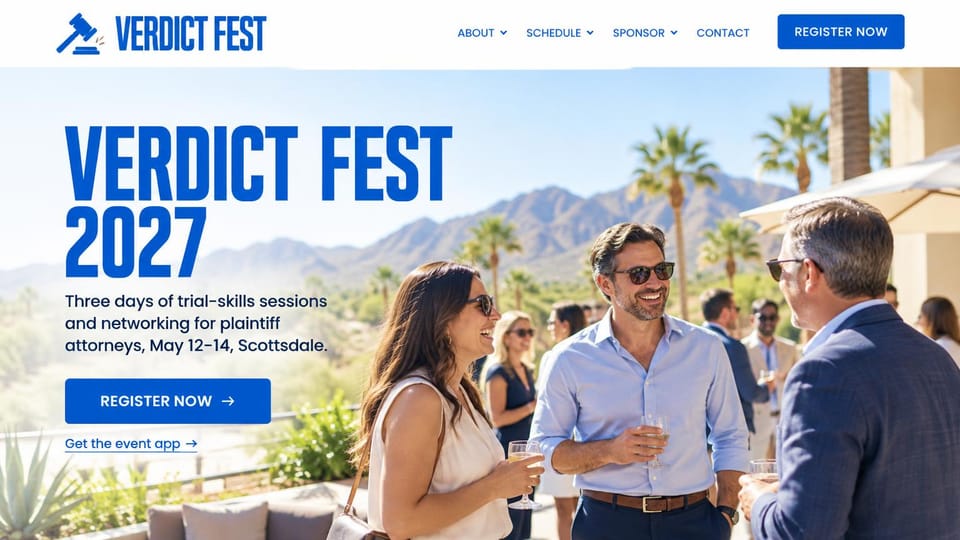 Event website design, lawyers' conference at a sunny desert resort: white header, sunny photo of attendees in sunglasses mingling on a resort terrace with palms and mountains, tall blue condensed headline, blue register button
