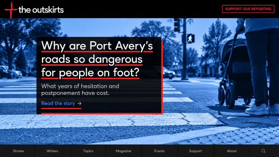 News and magazine website design, local investigations over a blue-tinted photo: black header with a red cross logo and an outlined red support button, a blue-tinted crosswalk photo with a stroller, a white headline in a black box with red underlines, a dark menu bar along the bottom
